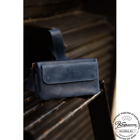 Кожаная сумка на пояс "Юнис" (синий антик) 