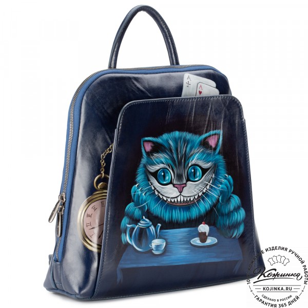 Женский кожаный рюкзак "Джорджия"  "Чешир за чаем" (cиний). фото 1