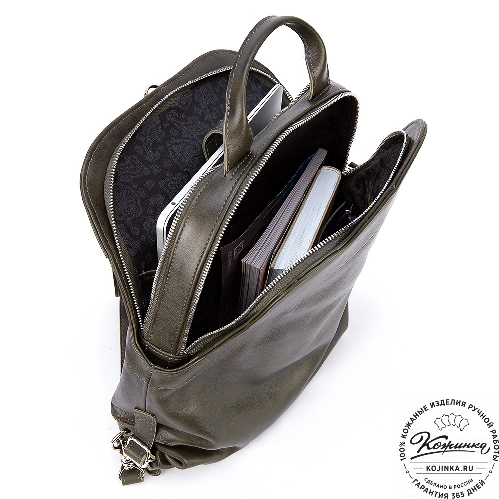 Женский кожаный рюкзак-сумка "Греция" (хаки гладкая кожа)
