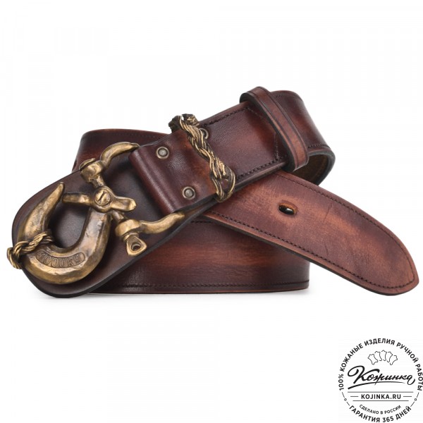 Кожаный мужской ремень ручной работы "Тарантино" (коричневый). фото 1