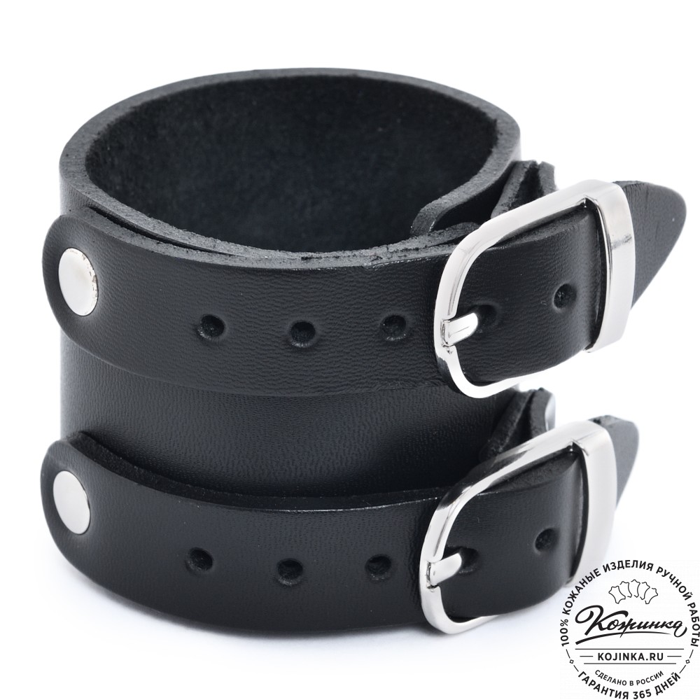  Кожаный браслет "Пэн" две пряжки (черный)