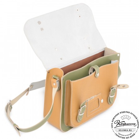 Кожаный портфель "Сатчел" (охра с зеленым) 