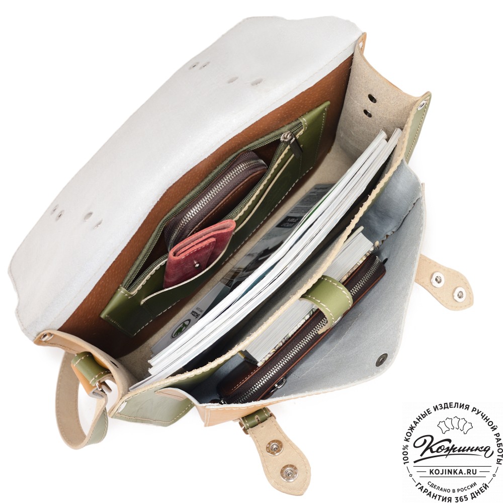 Кожаный портфель "Сатчел" (охра с зеленым) 