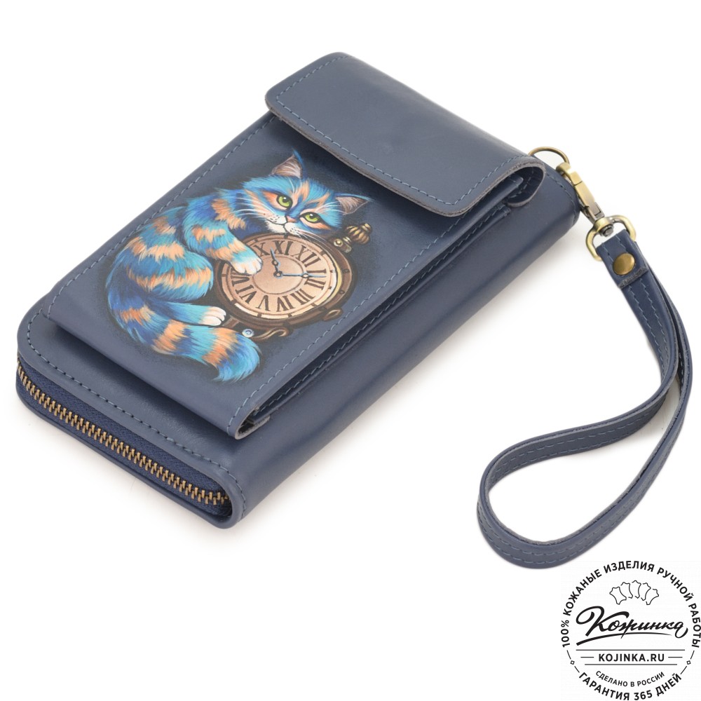 Кожаный клатч "Чукотка" "Чешир с часами" (синий)