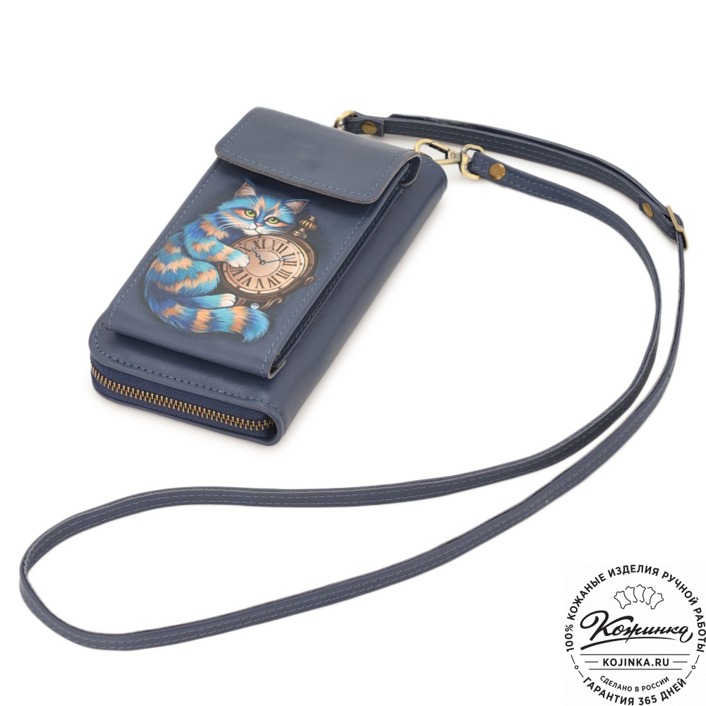 Кожаный клатч "Чукотка" "Чешир с часами" (синий)