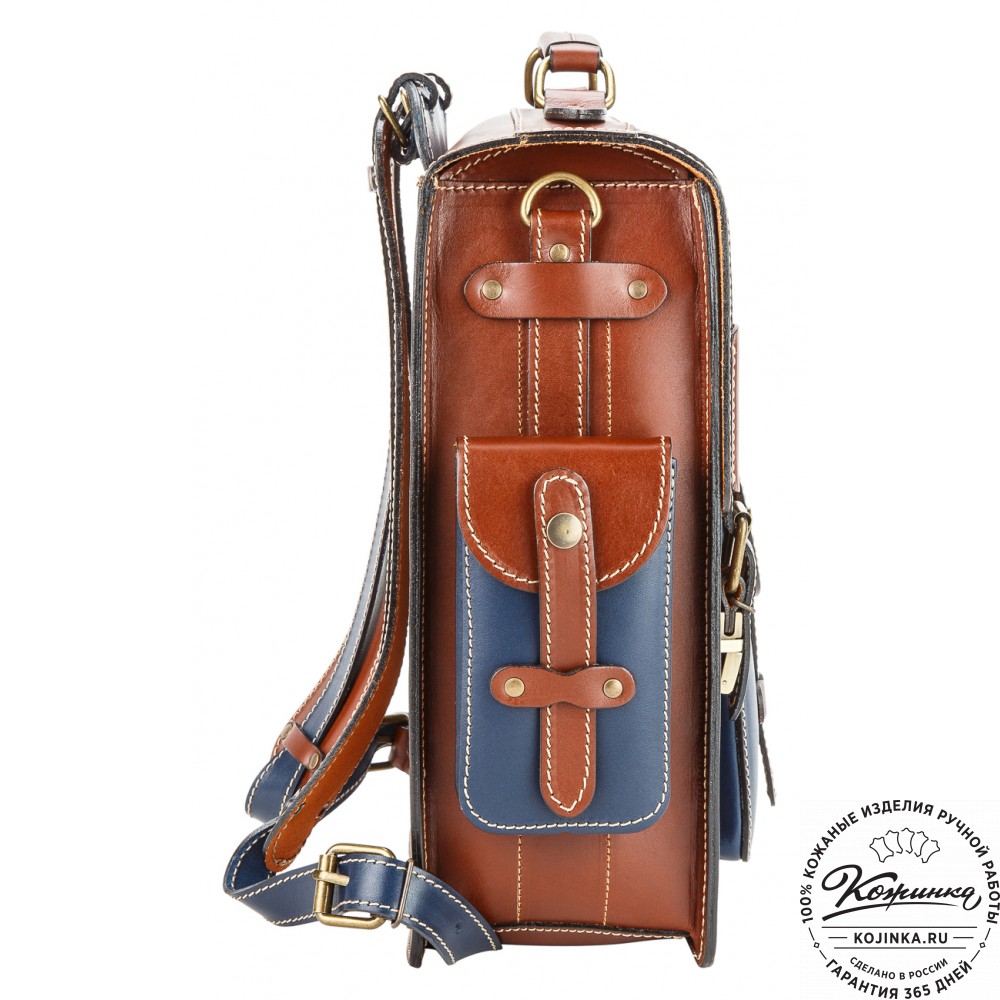 Кожаный ранец-портфель "Джон" (рыжий с синим)