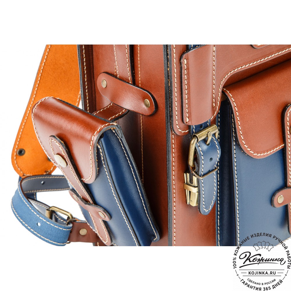 Кожаный ранец-портфель "Джон" (рыжий с синим)