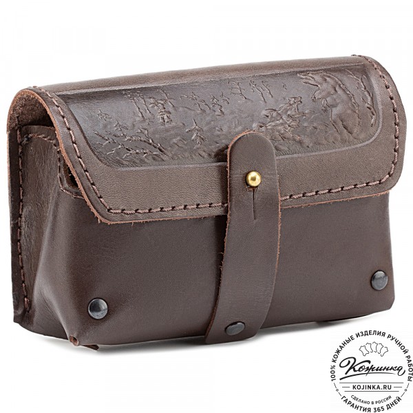 Кожаный подсумок двурядный на 10 патронов калибра 12,16, 20 (темно-коричневый). фото 1