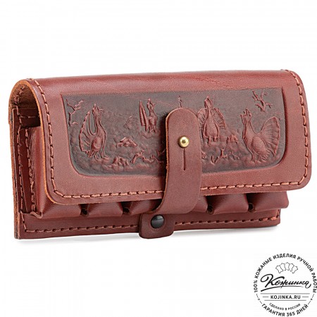 Кожаный подсумок однорядный на 6 патронов калибра 12,16, 20 (коньяк)