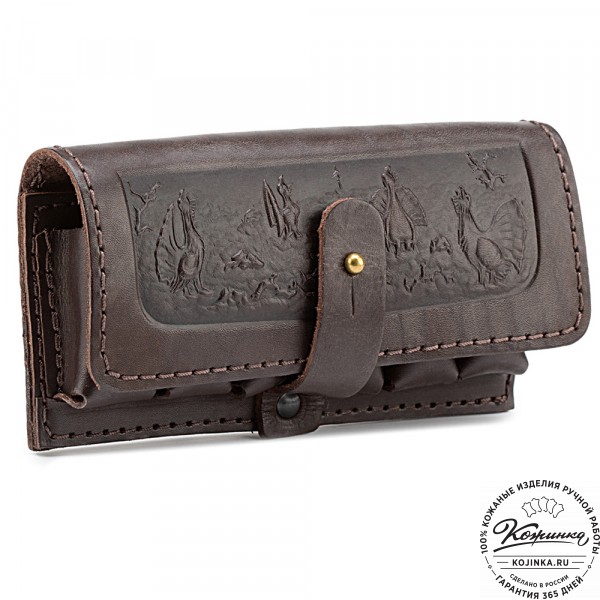 Кожаный подсумок однорядный на 6 патронов калибра 12,16, 20 (темно-коричневый). фото 1