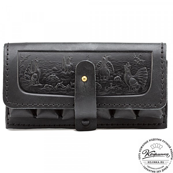 Кожаный подсумок однорядный на 6 патронов калибра 12,16, 20 (черный). фото 1