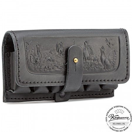 Кожаный подсумок однорядный на 6 патронов калибра 12,16, 20 (черный)