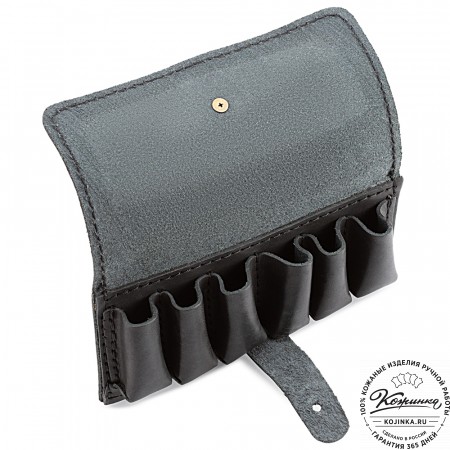 Кожаный подсумок однорядный на 6 патронов калибра 12,16, 20 (черный)